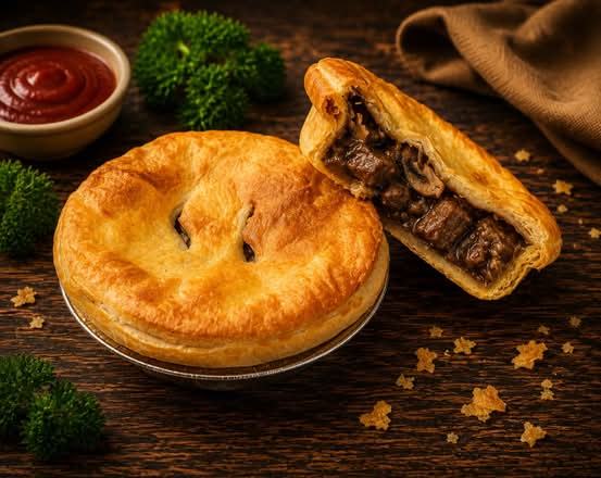 Steak and mushroom pie, cut open